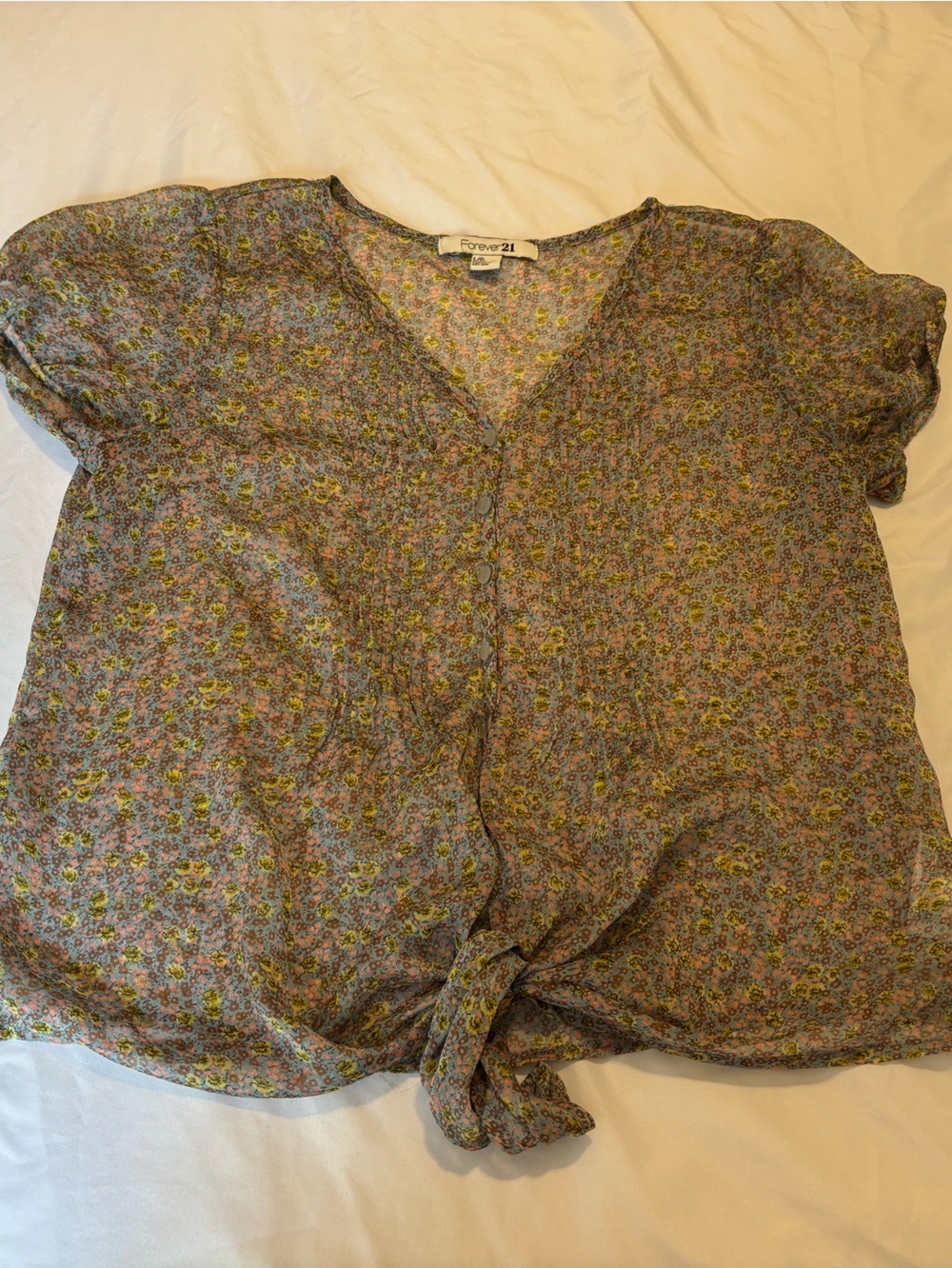 Y2K Forever 21 Blue Multi Floral Sheer Tie-Front Pearl Button Blouse